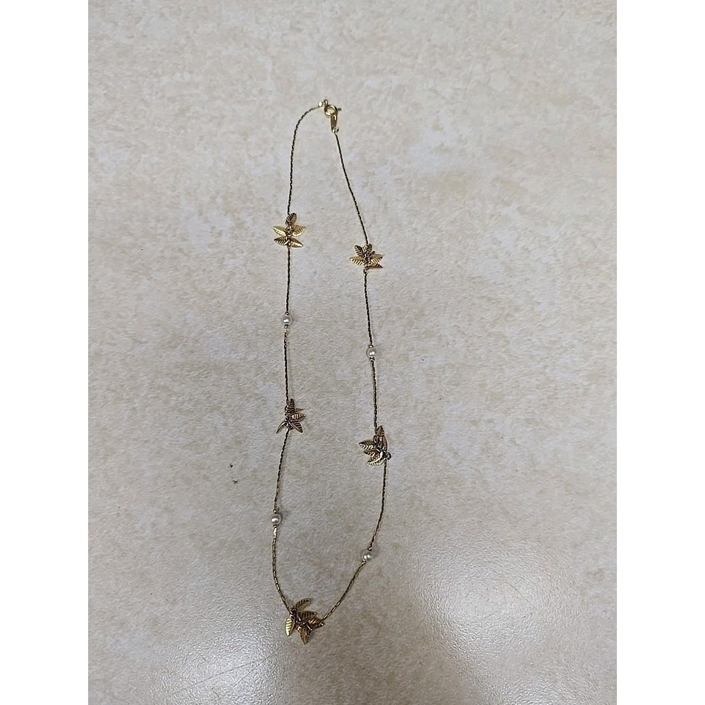 Vintage Trifari Gold Leaf Faux Pearl Necklace Signed MCM Branch Berry Boho 18"